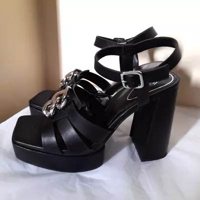 Zara BLACK VEGAN LEATHER CAGED SANDALS HEELS 40 UK 7 NEW • £29.99