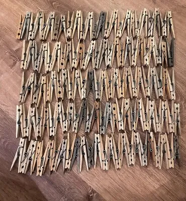 VTG Lot Of 127 Wooden Laundry Clothespin Wire Spring Weathered Variety Rustic 3” • $25.75