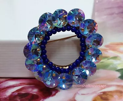 Miriam Haskell Style Eternity Brooch Blue AB Crystals/Wired Seed Bead Circle Pin • $26.50