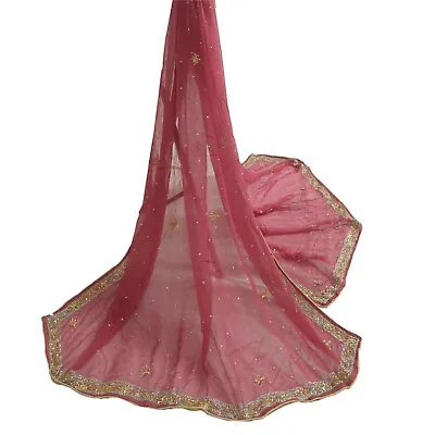 Sanskriti Vintage Long Pink Dupatta/Stole Pure Georgette Silk Hand Beaded Veil • $27.38