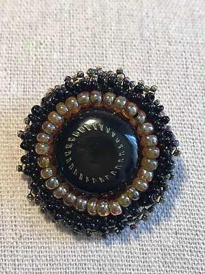Antique Victorian Brooch Black And Mauve Beads Etched Plastic Center READ • $12.99