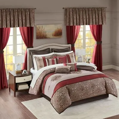 24pc Red & Brown Embroidered Comforter Set Sheets Pillows Curtains AND More • $237.49