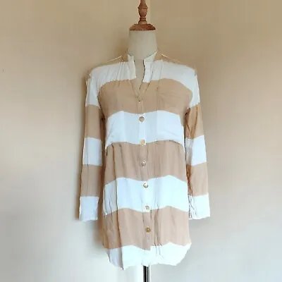 Zulu & Zephyr Button Up Light Beige White Stripe Boho Long Sleeves Shirt Size 6  • $39.95