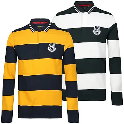 New Mens Long Sleeve Polo Shirt Striped Contrast 100% Cotton Plain Casual Top • £11.99