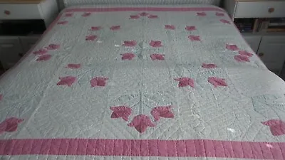 Antique Appliqued Quilt TULIP PATTERN Shades Of Pink Pale Green 82 X76  • $60