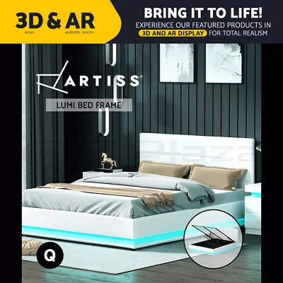 Artiss Bed Frame Queen Size RGB LED Gas Lift Storage Mattress Base White LUMI • $358.95