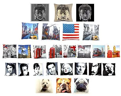 Printed Digital Luxury Cushion Covers London Dogs New York Pop Idols Buddha • £2.99