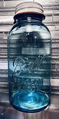 Vintage Aqua Blue Ball Perfect Mason Jar Half Gallon With Zinc Lid  • $20