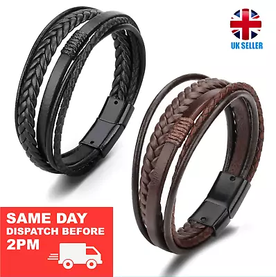 £4.95 • Buy Mens Handmade Braided Leather Bracelet Wristband Clasp  Brown Black Unisex  21cm