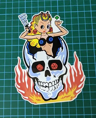 Hot Rod Sticker Decal Lady Luck In Flames Skull Hot Rod Custom • £2.99