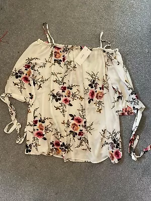 Zaful Size 4XL Fit Plus 24 26 White Floral Print Bardot Strappy TOP Short Sleeve • £15.99