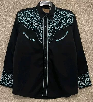 Scully Men's Black Embroidered Western Pearl Snap Cowboy Rodeo Shirt Size Medium • $49.99