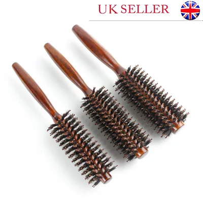 S/M/L Wooden Round Hair Brush Hairbrush Wood Natural Boar Bristle Styling Brush • £6.54