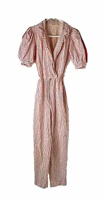 VTG 80s Womens Medoium Striped Puff Sleeve Collared Tapered Jumpsuit Rockabilly • $53.39