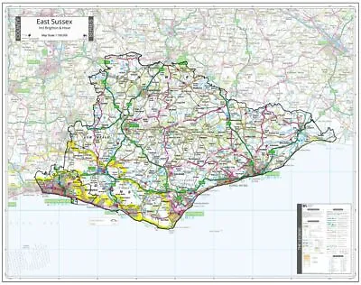 EAST SUSSEX COUNTY WALL MAP. - SCALE 1:100000. LAMINATED EDN - NEW For 2021 • £55