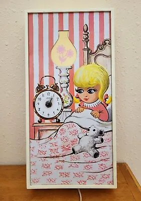 Vintage Wall Clock Nightlight Spartus Corporation Big Eye Girl 1960's Signed MCM • $34.99