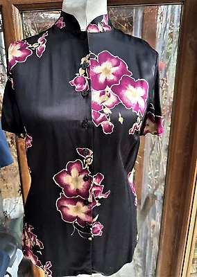 £3.99 • Buy Ladies Vintage Satin Floral Short Sleeve Blouse Shirt Womens Retro Blouses Black