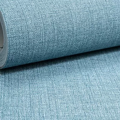 Blue Linen Effect Wallpaper Plain Textile Code Nature Design Non-Woven Vinyl • £1.52