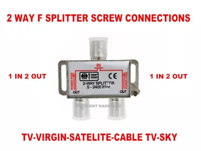 2 Way Y Splitter F Type Screw Connector TV Virgin Cable Sky Satellite Freeview. • £3.85