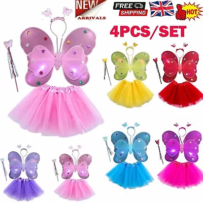 Fairy Costume Girls Kids Angel Butterfly Wing Wand Tutu Skirt Fancy Princess Set • £7.99