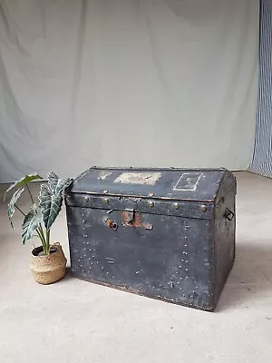 Vtg Antique Leather Rustic Steamer Storage Chest Trunk Blanket Box #1798 • £120