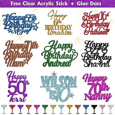 Personalised Glitter Cake Topper Happy Birthday Any Age Name 50th 60th 70th 80th • £2.85