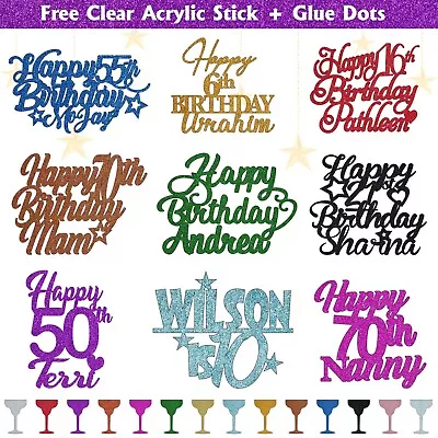 Personalised Glitter Cake Topper Happy Birthday Any Age Name 50th 60th 70th 80th • £3.49