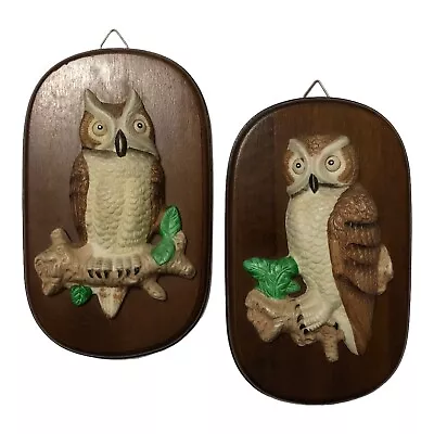 Owl Ceramic On Wooden Plaque 3D Wall Hangings Vtg Mid Century Style  Décor Lot 2 • $36