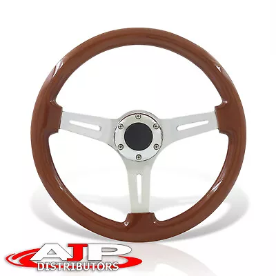 JDM 6-Bolt Silver Aluminum Deep Dish Light Wood Steering Wheel + Horn 14  350mm • $54.99