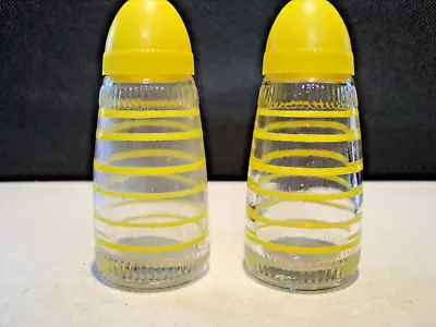 Vintage Salt & Pepper Shakers Clear Glass Yellow Plastic Caps Yellow Striped • $6