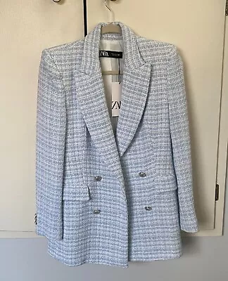 Zara NWT Tweed Blazer Light Blue And White Decor Buttons *HAS DEFECTS Check Info • $73