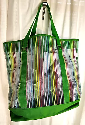 NWOT Rainbow Striped GREEN MESH BEACH TOTE Shoulder Bag Travel Carry On Shopping • $8.99