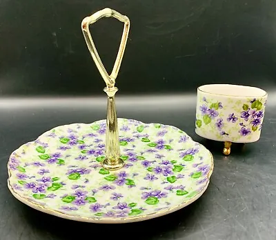 Lefton Lot Of 2 Violets Chintz Tidbit Tray Tea Bag Holder Hand Painted Vintage • $16.46