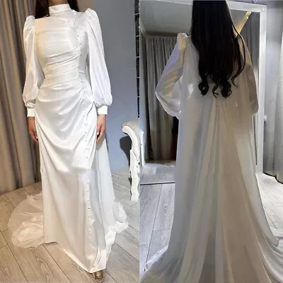 Muslim Satin Wedding Dresses With Cape High Neck White Long Sleeves Bridal Gowns • $135.99