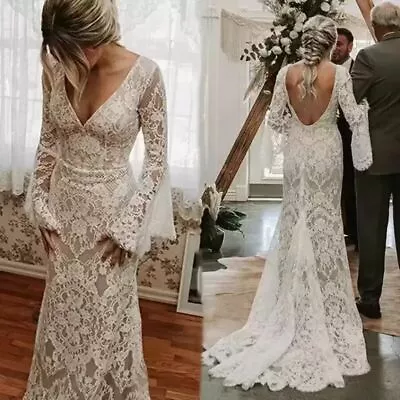 Sexy Lace Mermaid Wedding Dresses V Neck Long Sleeve Backless Bridal Gown Custom • $129.98