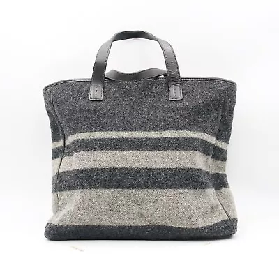 Coach Wool Grey Striped Black Leather Tote Shoulder Bag Purse H94-6142 • $64.99