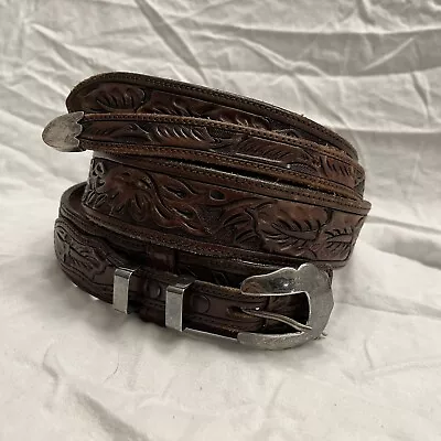 Vintage Vogt Sterling Silver Buckle Set Hand Tooled Leather Belt 40 Old Mexico • $150