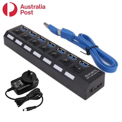 7 Port High Speed Multi USB Hub USB 3.0 With Power Supply And Switches • $21.95