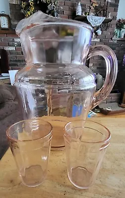 Vintage Pink Depression Pitcher W/ 2 Juice Glassses Advertising Kitchenware • $12