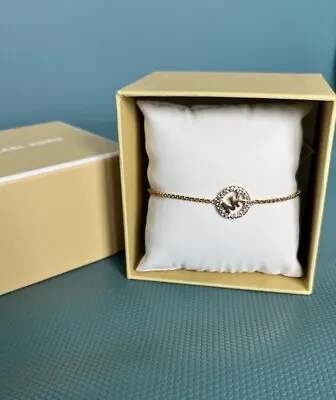 NWT MICHAEL KORS Gold-TONE BRASS CRYSTAL PAVE LOGO SLIDER BRACELET MSRP $85.00 • $35