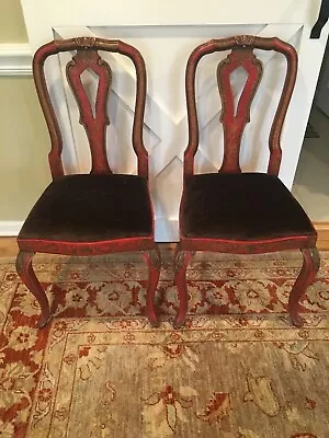 Pair Early Venetian Painted Rococo Chinoiserie Side Chairs Gilt Wood Italian • $556.50