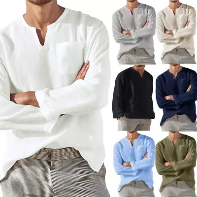 Mens Cotton Linen T-Shirt Casual Fashion V-Neck Blouse Tops Shirts Long Sleeve • $12.98