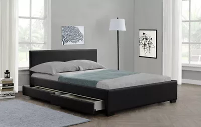 4 Drawers Storage Double Bed Faux Leather Frame Modern Black Mattress • £389.99