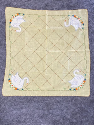 $12.49 • Buy Vintage Tablecloth Square Pale Yellow With Applique Swan Pockets In Corners