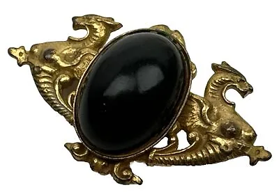 Antique Vtg Victorian Edwardian Collar Brooch Pin Black Onyx Gold Tone Dragons • $49.99
