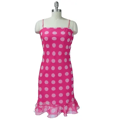 Vintage 90s Pink Polka Dot Slip Dress Size S Ruffle Hem Barbie City Triangles • $34.99