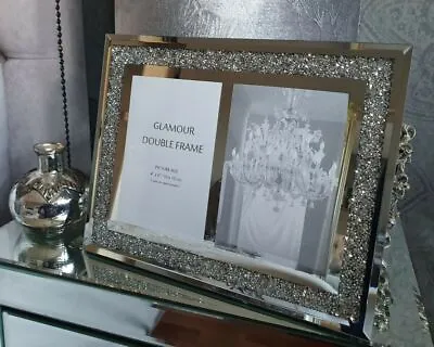 Double Photo Frame 6”x4” Hold 2 Picture Silver Mirrored Crushed Crystal Diamante • £15.95