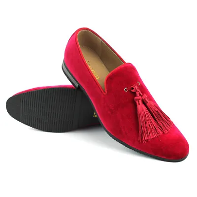 Bright Red Velvet Slip On Loafers Tassel Men's Dress Shoes Modern Formal AZARMAN • $29.99