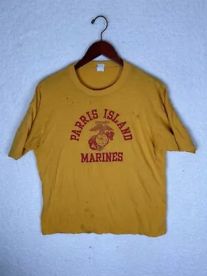 VTG Soffe Marine Corps Parris Island Short Sleeve Shirt Yellow Adult Medium USMC • $16.99