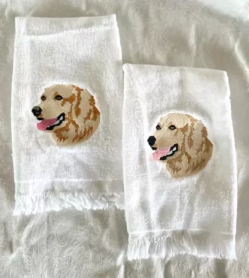 New Set 2 White Cotton GOLDEN RETRIEVER  Dog Head Embroidered Hand Bath Towels • $18.95